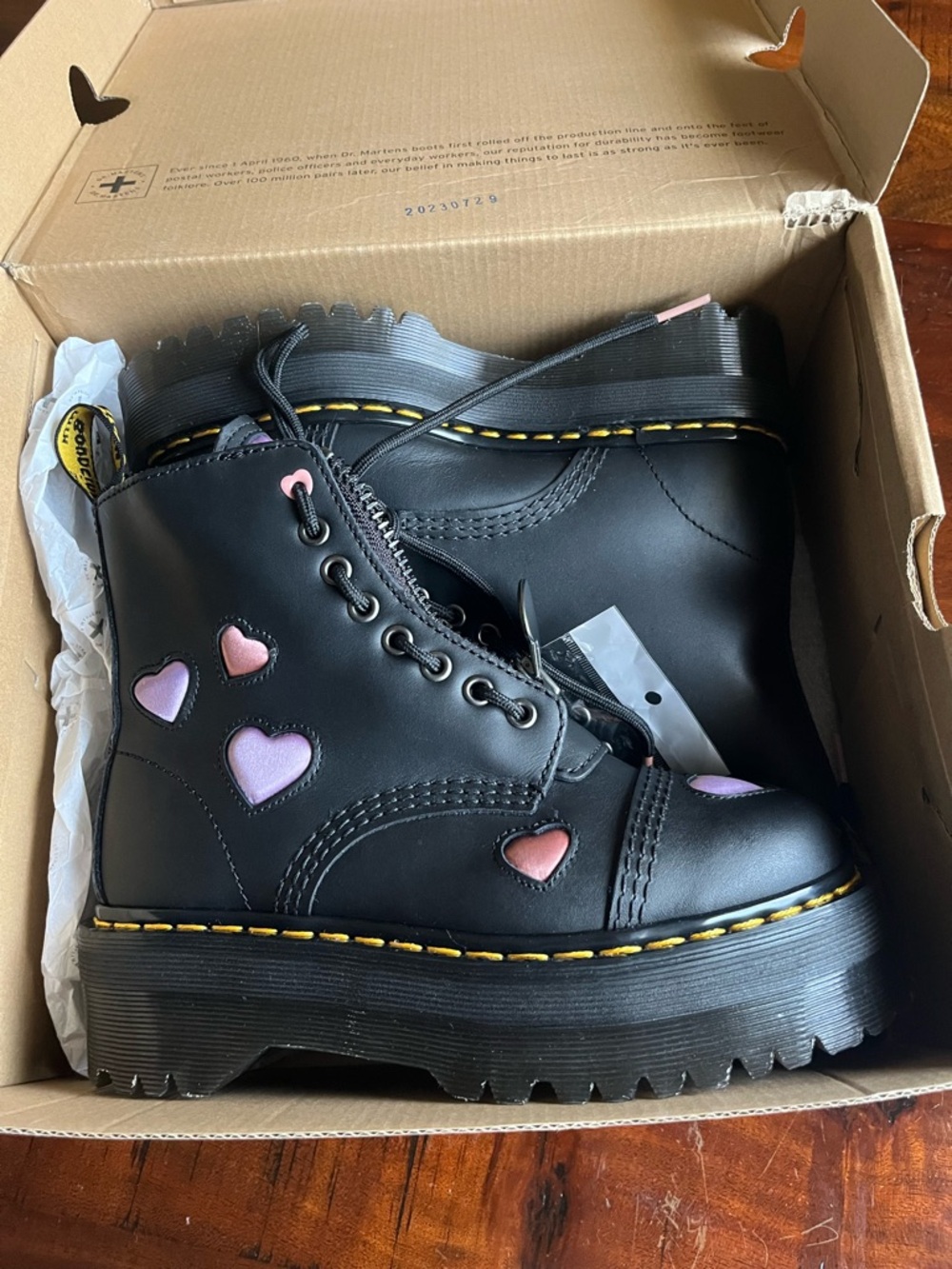 Dr. Martens Kids Black Lace-Up Boots with Pink & Lavender Heart Accents